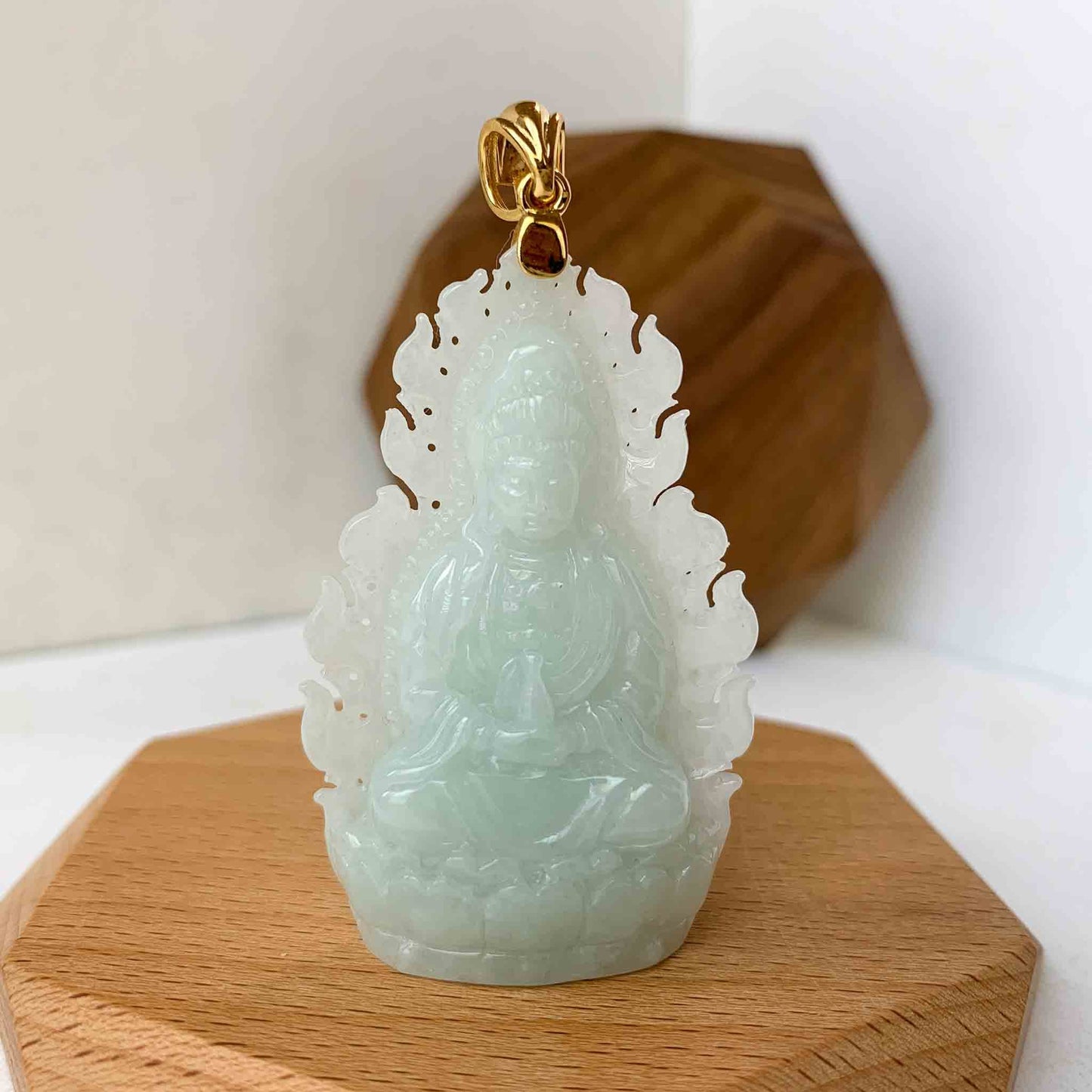 Jadeite Jade Guan Yin Avalokiteshvara with Flame, Hand Carved Pendant with 18K Solid Gold Bail, Guanyin, 观音,Lady Buddha, YGR-0223-1689735518