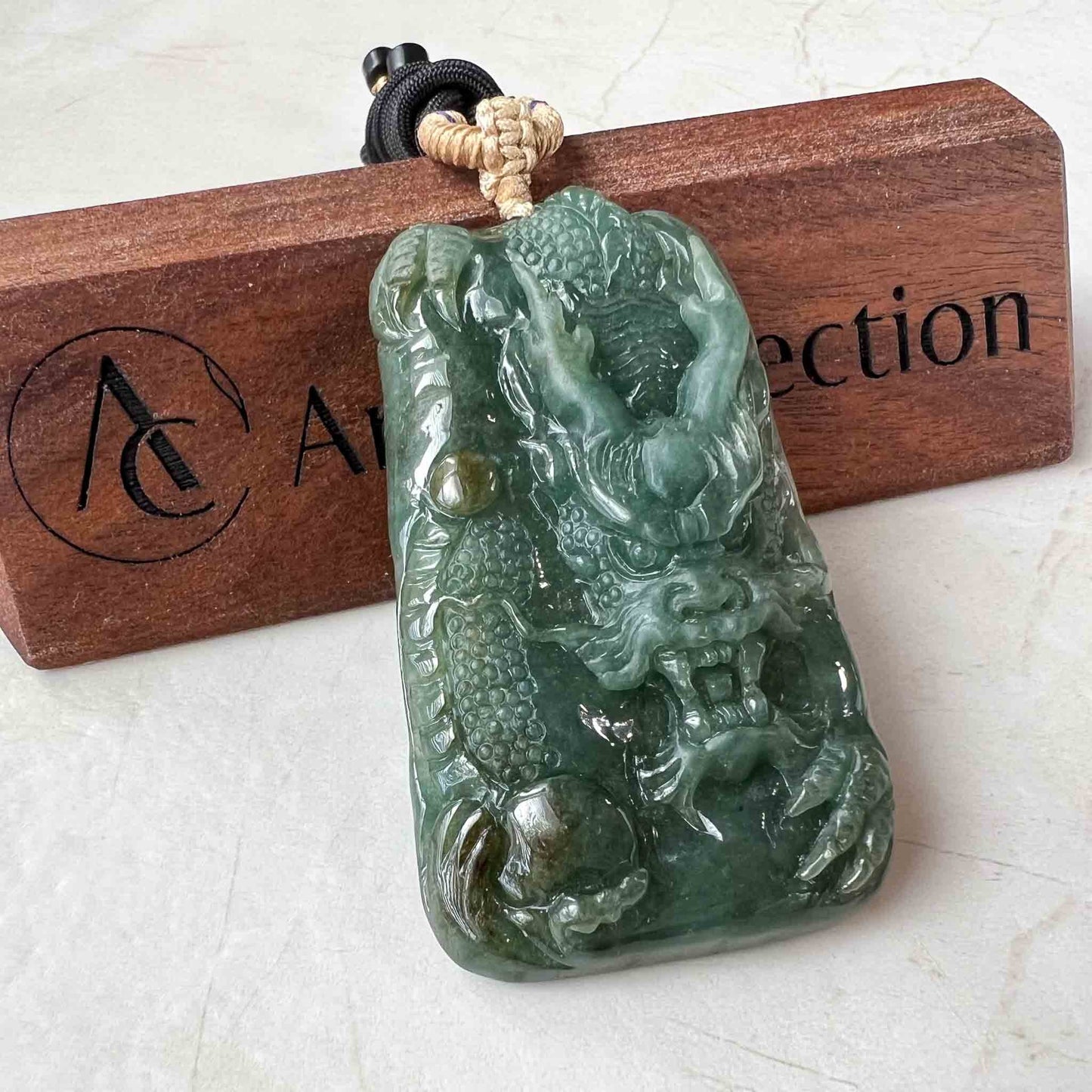 Green Jadeite Jade Dragon Chinese Zodiac Hand Carved Pendant Necklace, YJ-1222-0098069