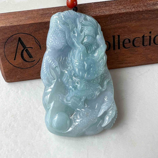 Light Blue Purple Jadeite Jade Dragon Chinese Zodiac Hand Carved Pendant Necklace, HYDD-0223-1688583183