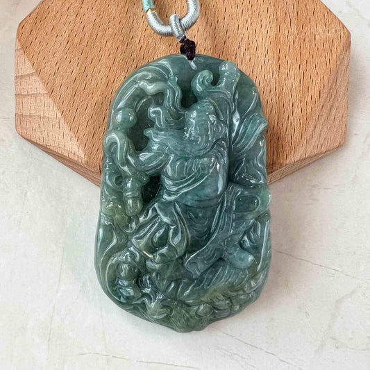 Green Blue Jadeite Jade Guan Yu Guan Gong with Dragon Carved Pendant Necklace, 关公, MY-0223-1688591571