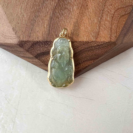 Ice Jadeite Jade Chinese Fortune God Cai Shen with 18K Solid Gold, Small Hand Carved Pendant, 财神, BH-0322-1690075697