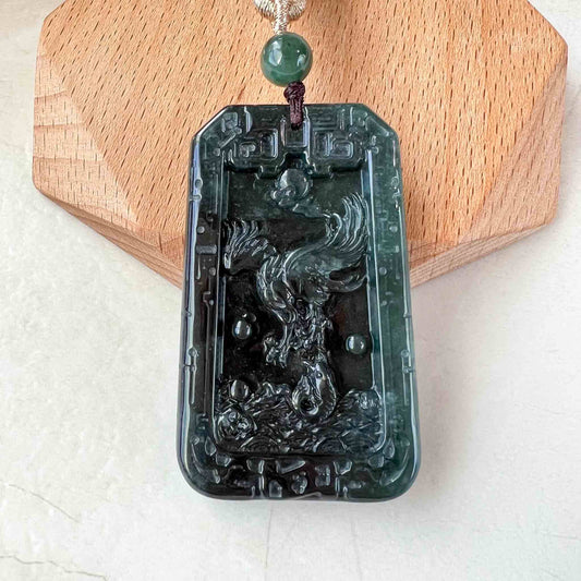 Black Green Jadeite Jade Eagle and Fish Pendant, Grand Visionary Pendant, 大展宏图, Hand Carved Jade, YX-1122-1688874718