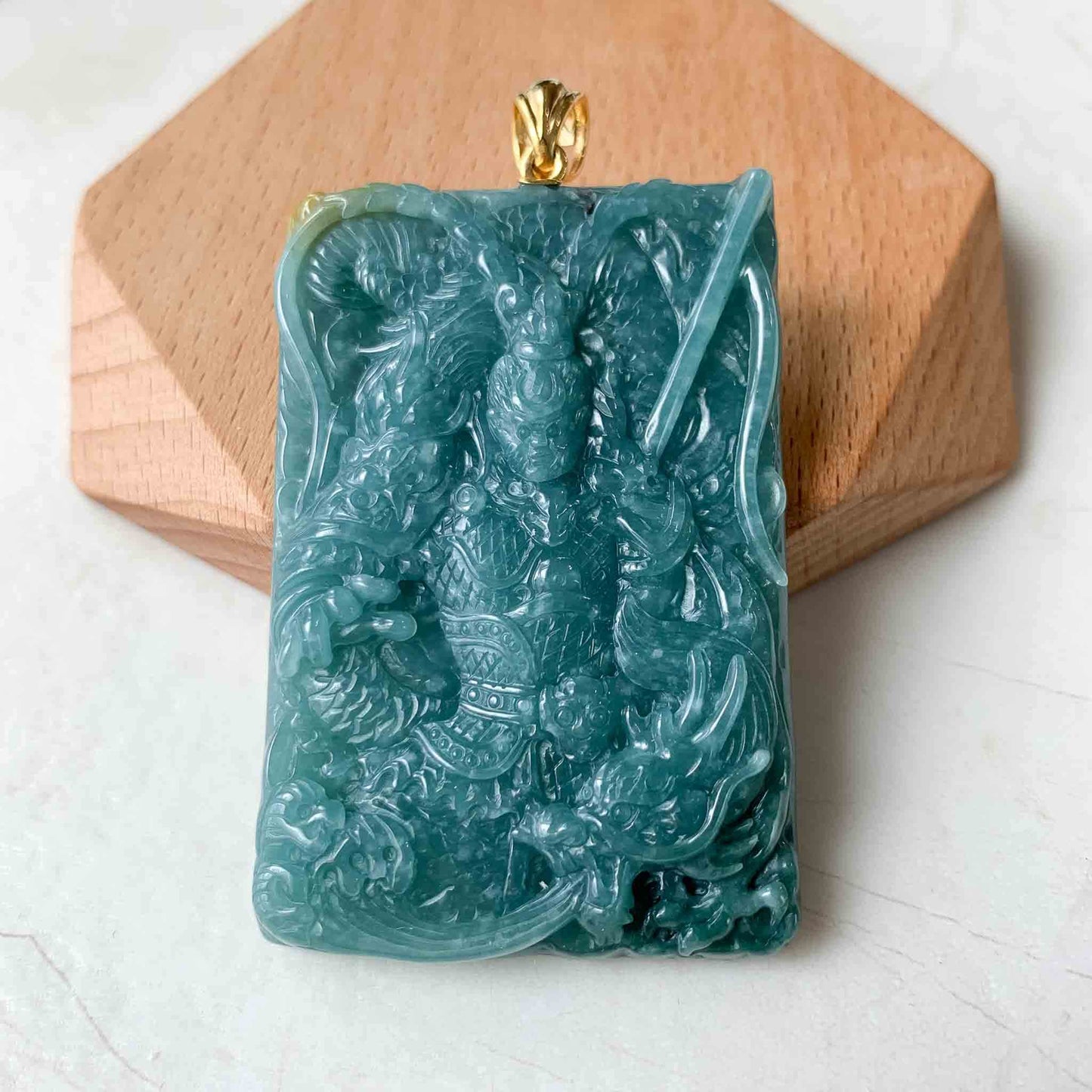 Blue Green Jadeite Jade Monkey King with 18K Gold Pendant, Sun Wu Kong, 孙悟空, Front Side Carving, Chinese Zodiac Carved, XZG-0423-1690338745