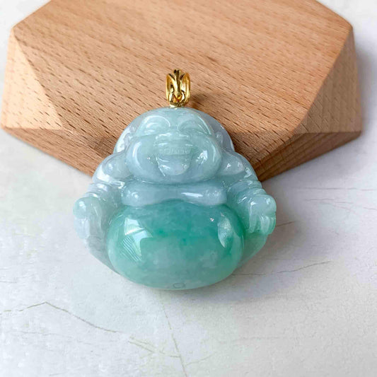 Large Green Happy Buddha Jadeite Jade with 18K Solid Gold Pendant, YGR-0223-1689001544