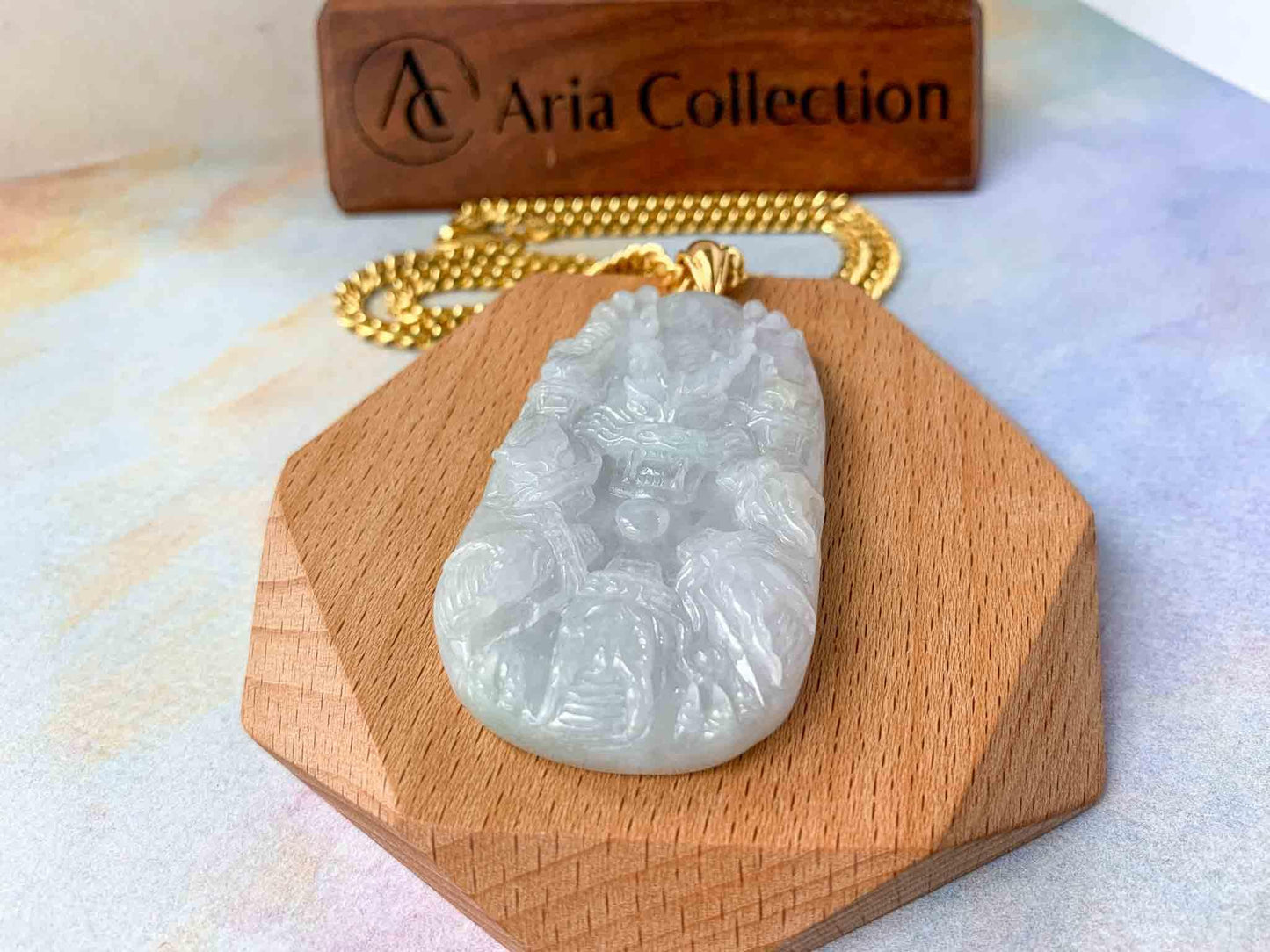 9 Dragon Jadeite Jade with 18K Solid Gold, Chinese Zodiac Hand Carved Pendant Necklace, YGR-0423-0002308