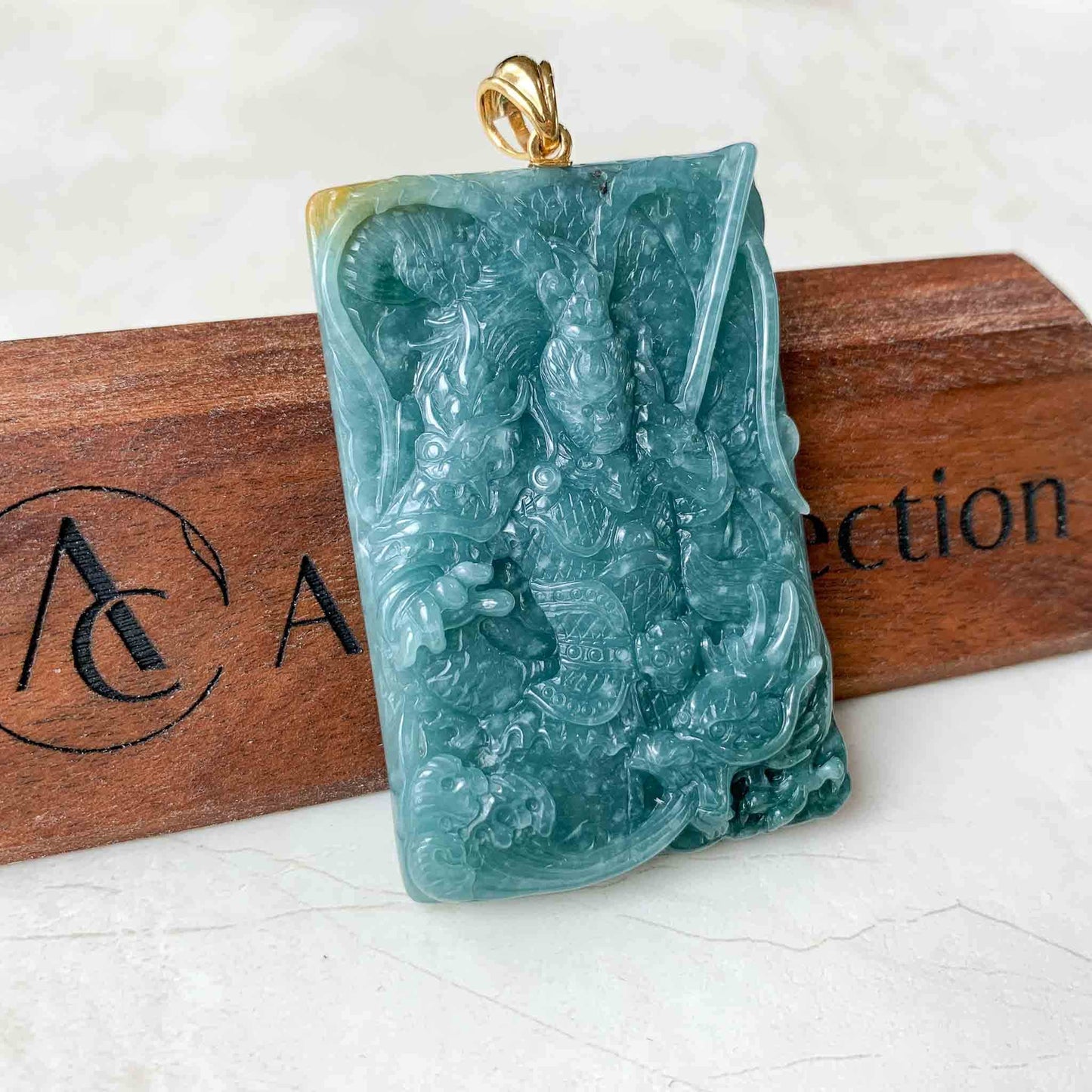 Blue Green Jadeite Jade Monkey King with 18K Gold Pendant, Sun Wu Kong, 孙悟空, Front Side Carving, Chinese Zodiac Carved, XZG-0423-1690338745