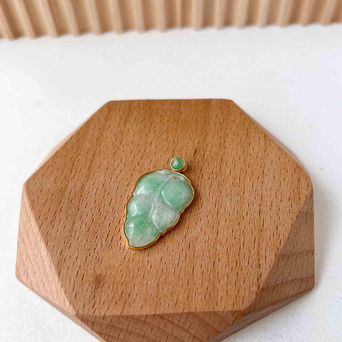 Green Jade Leaf with solid 18K Gold Frame, Jadeite Jade, Leaf Minimalist Hand Carved Pendant, YW-0110-1695763989