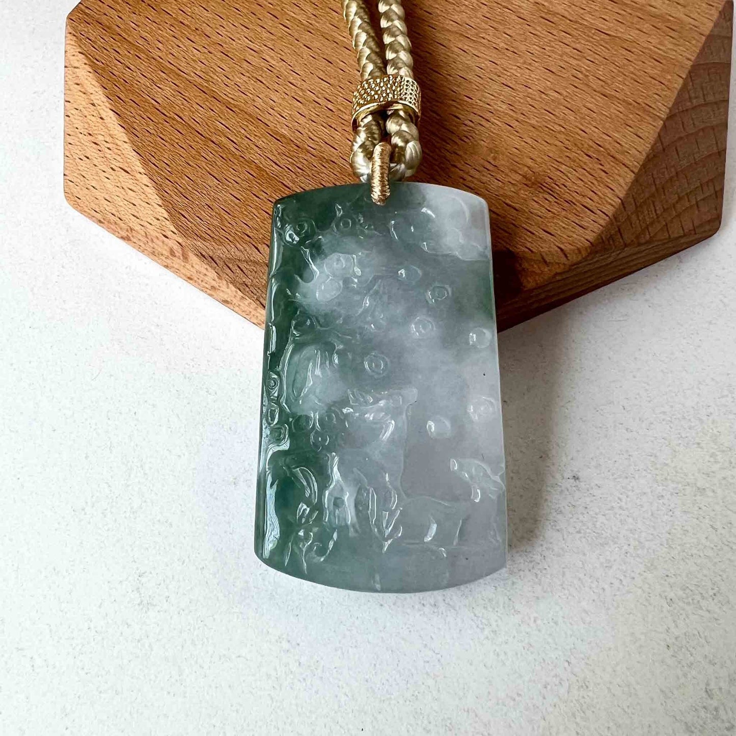 Green White Jadeite Jade Deers in Forest Hand Carved Pendant Necklace, YJ-1022-0064623