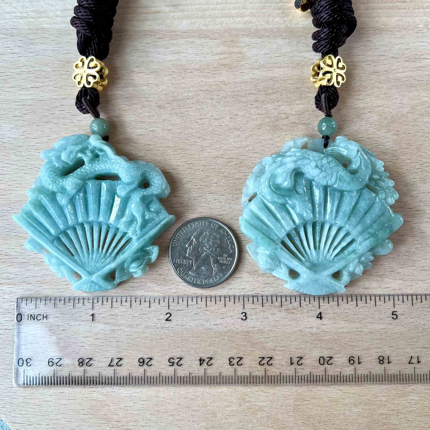 Jadeite Jade Dragon Phoenix Fan Pendant Necklace, 龙凤扇子, BGC-1122-0025779