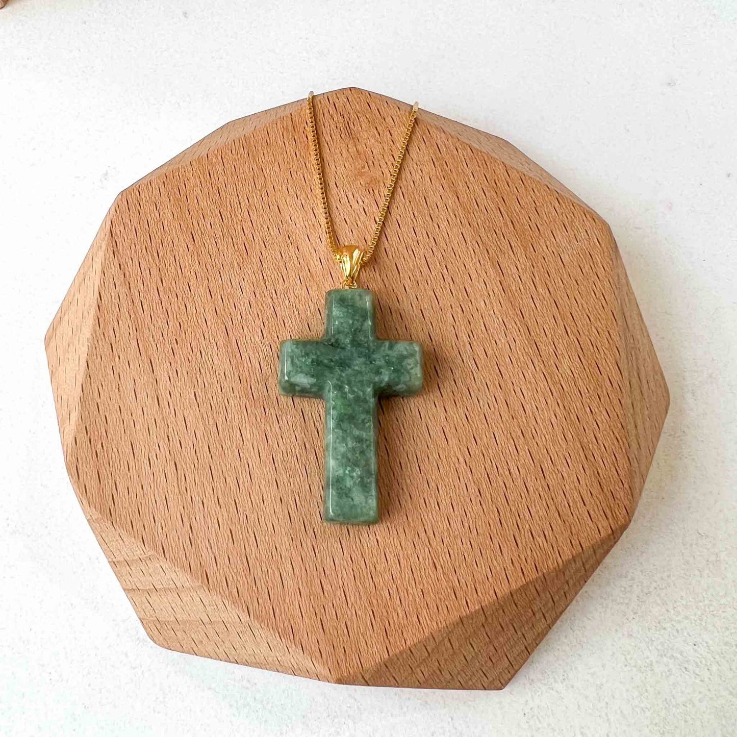 Green Jadeite Jade Cross with 18K Solid Gold Bail Carved Pendant, SHWQ-0823-1699507269