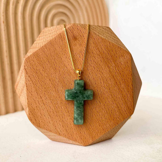 Green Jadeite Jade Cross with 18K Solid Gold Bail Carved Pendant, SHWQ-0823-1699507269