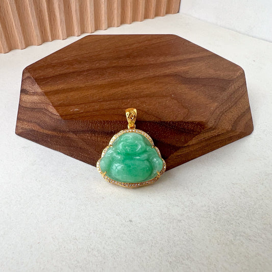 Small Bright Green Happy Buddha Jadeite Jade with 18K Solid Gold and Diamonds, SHWQ-0723-1701228218