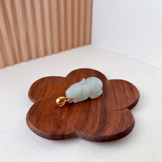 Light Green and White Ice Jadeite Jade Rabbit Pendant with 18K Solid Gold, 3-D Hand Carved Jade, YB-0223-1701235671