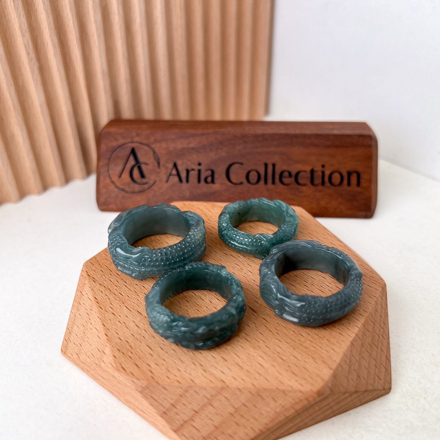 Blue Green Jadeite Jade Dragon Ring, 3D Detailed Carved Ring, WMC-0323-1700204432