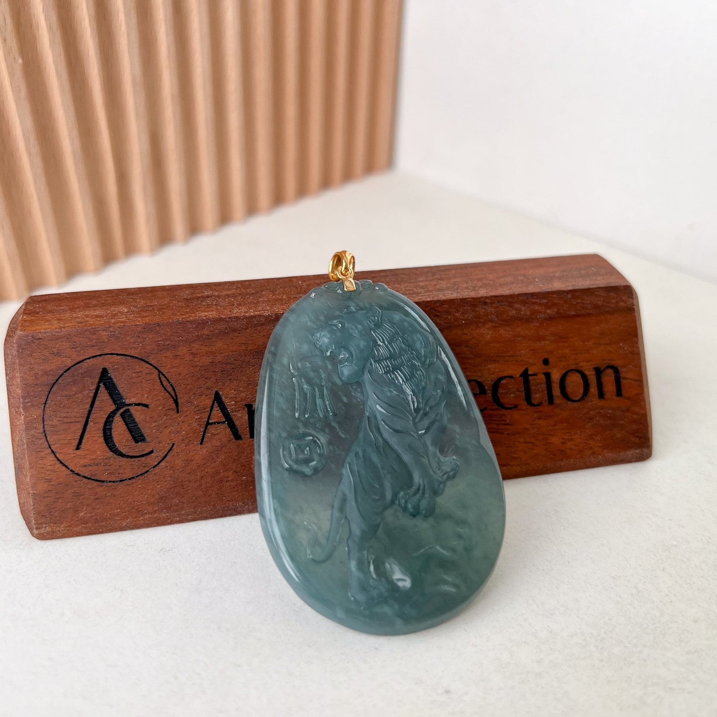 Blue Green Ice Jadeite Jade Tiger Pendant, Chinese Zodiac Carved Pendant with 18K Gold Bail Option, YYG-0823-1691189149