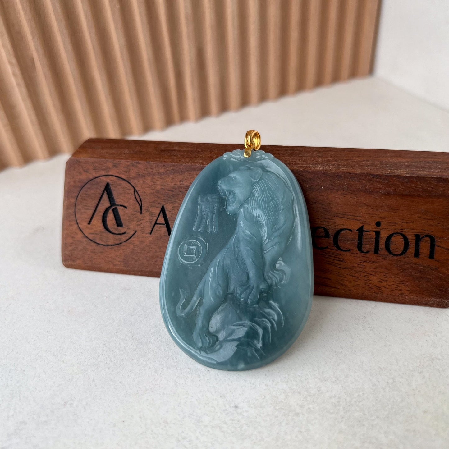 Blue Green Ice Jadeite Jade Tiger Pendant, Chinese Zodiac Carved Pendant with 18K Gold Bail Option, YYG-0823-1691189149