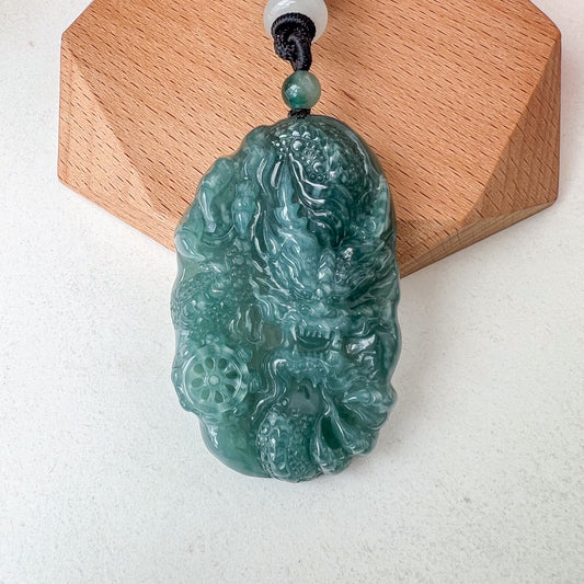 Green Jadeite Jade Dragon Chinese Zodiac Hand Carved Pendant Necklace,  Green Blue Jade, XB-0423-0037988