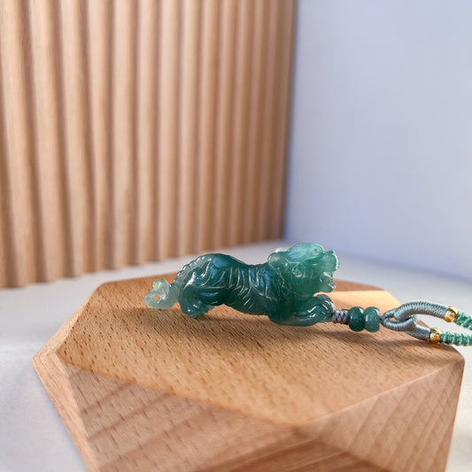 Azure Verdant Tiger Pendant, Jadeite Jade Tiger Pendant, Green Blue Jade, 3-D Hand Carved Pendant, WMC-0323-0006149-2