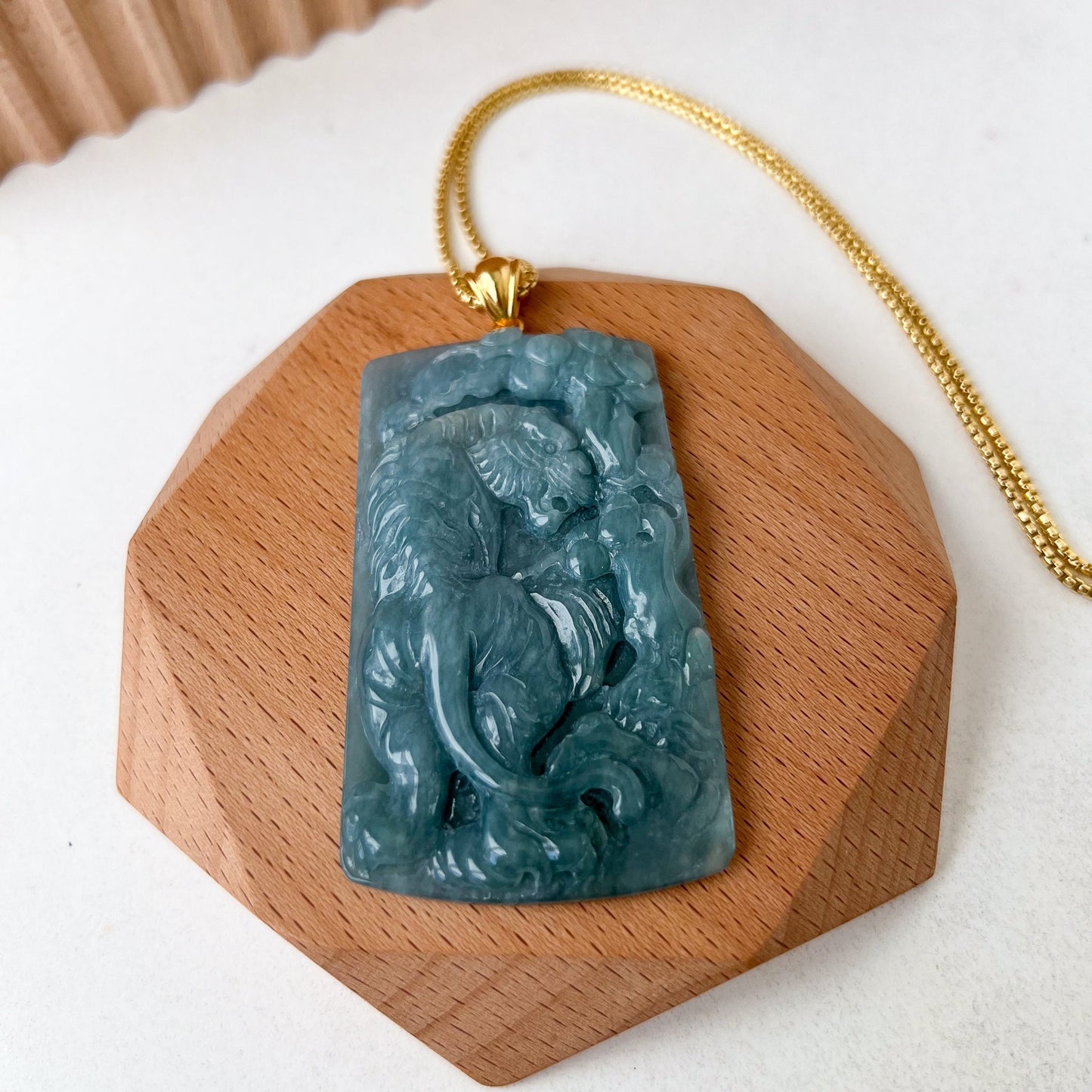Blue Green Jadeite Jade Tiger Pendant with 18K Gold Bail, Chinese Zodiac Carved Pendant, XXJ-0523-1703657438