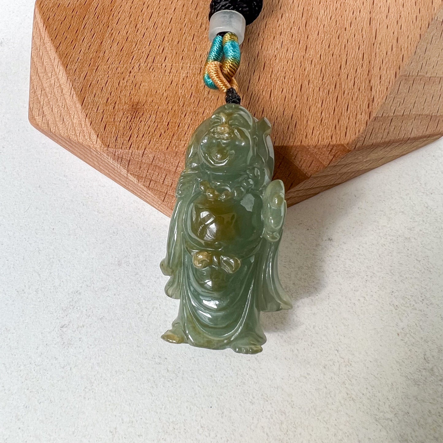Green Jadeite Jade Happy Laughing Buddha Hand Carved Pendant, YJ-1022-0064629