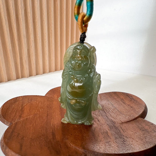 Green Jadeite Jade Happy Laughing Buddha Hand Carved Pendant, YJ-1022-0064629