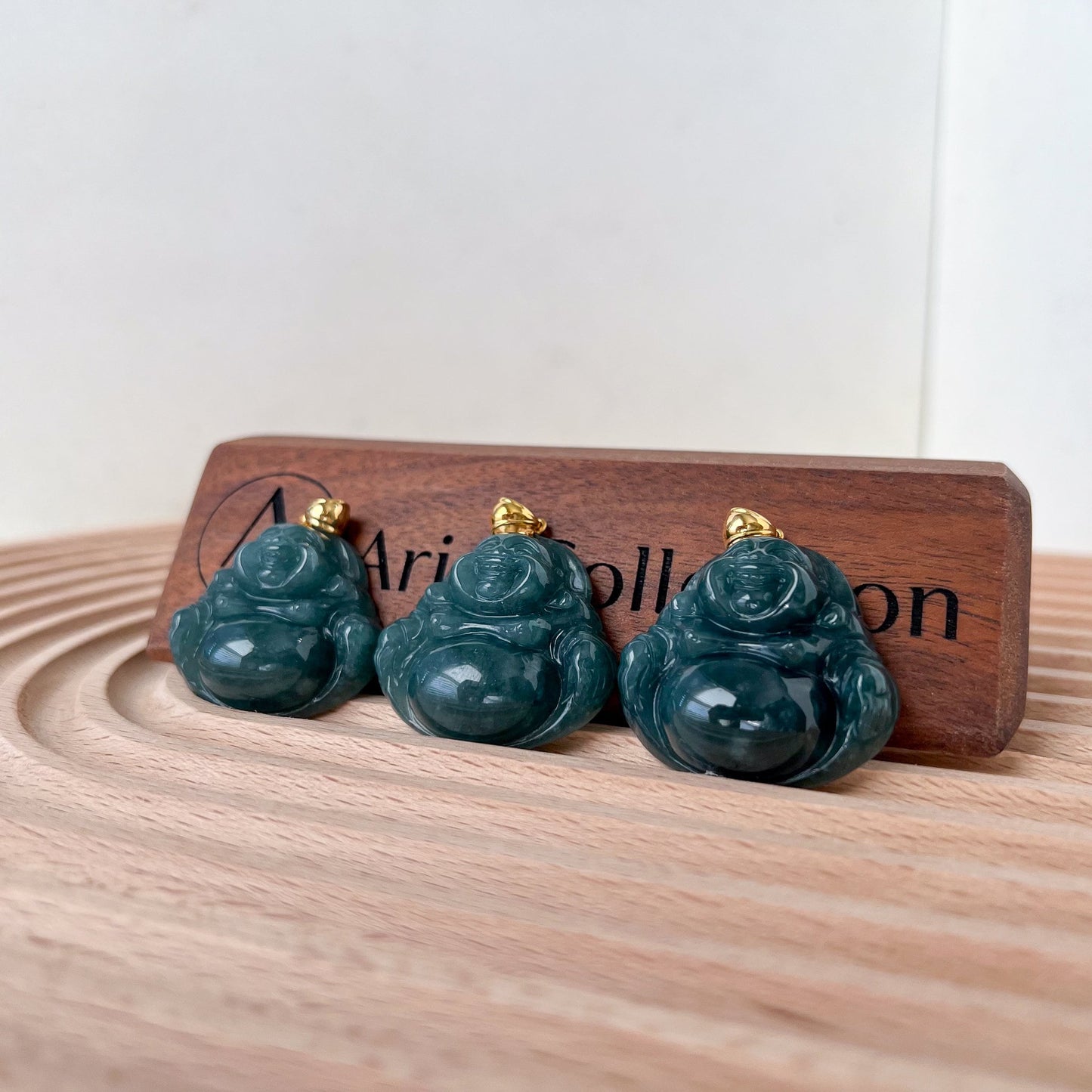 Blue Green Happy Buddha Jadeite Jade with 18K Solid Gold Pendant, NY-0723-1703382283