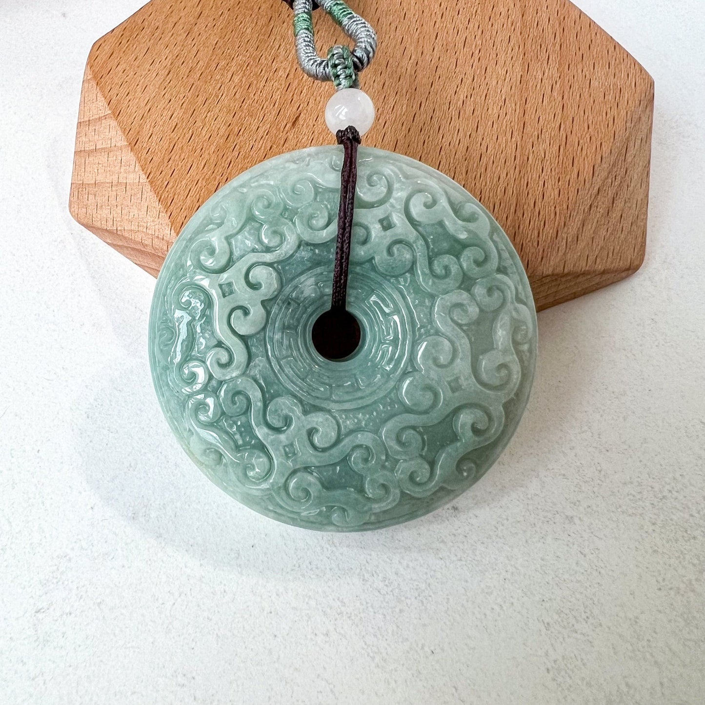 Large Green Jadeite Jade Antique Donut, Circle Carved Necklace, 平安扣, BGC-0123-0038573