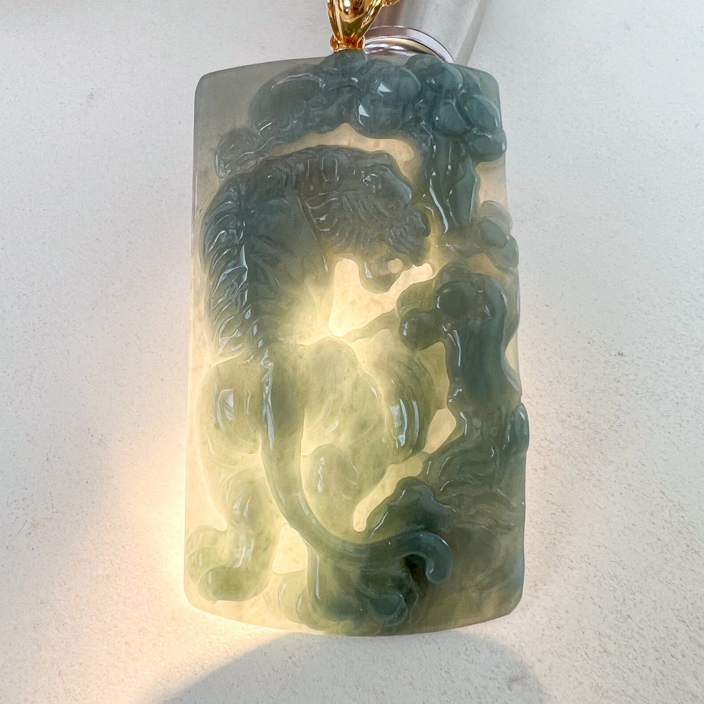 Blue Green Jadeite Jade Tiger Pendant with 18K Gold Bail, Chinese Zodiac Carved Pendant, XXJ-0523-1703657438