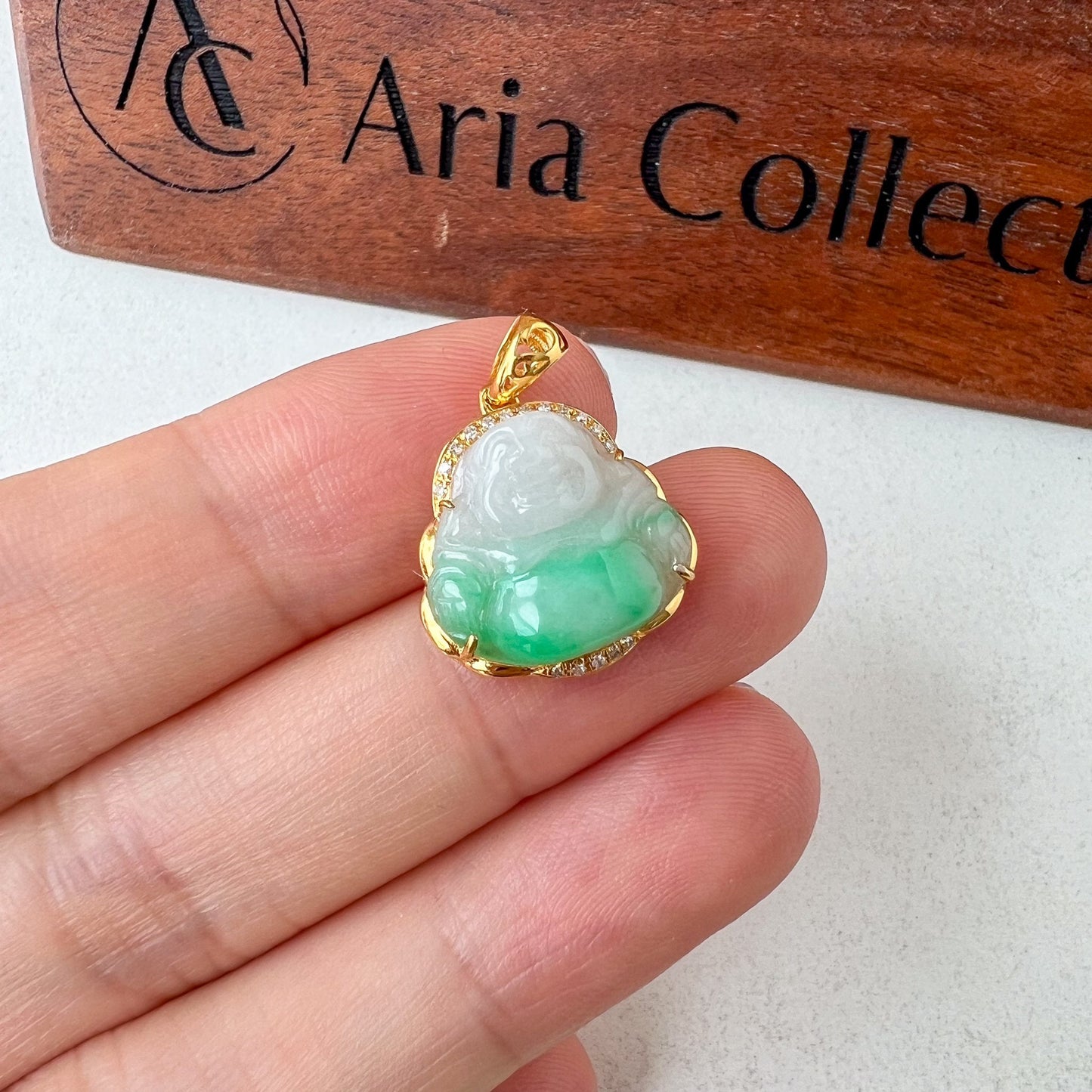Small Mini Bright Green Happy Buddha Jadeite Jade with 18K Solid Gold and Diamonds, SHWQ-0723-1705178808