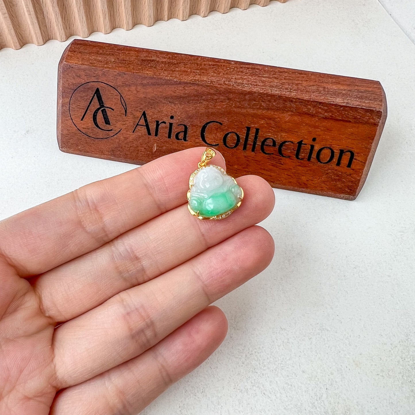 Small Mini Bright Green Happy Buddha Jadeite Jade with 18K Solid Gold and Diamonds, SHWQ-0723-1705178808