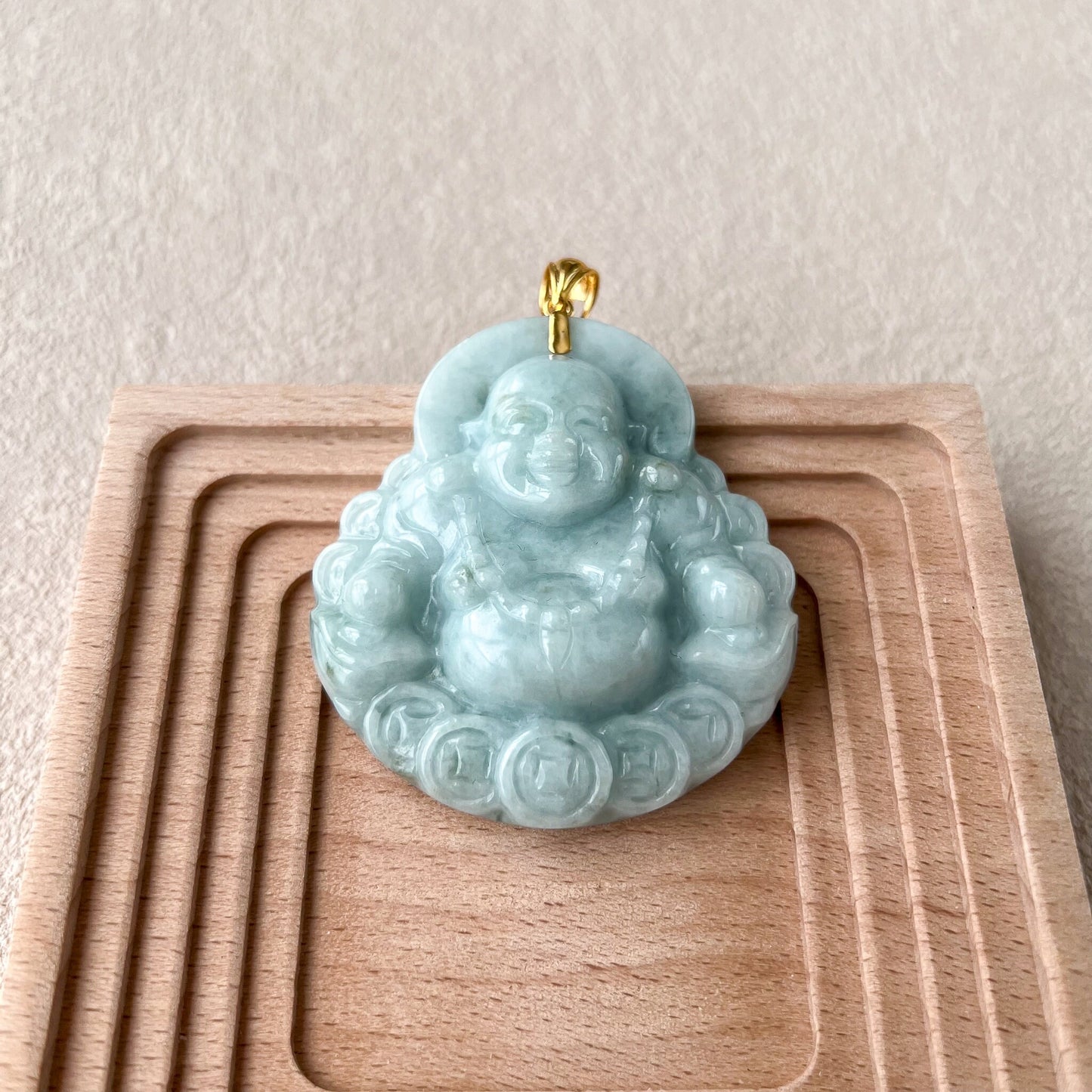 Happy Buddha with Lucky Coins with 18K Gold, Very Large Jadeite Jade Carved Pendant, NY-0723-1706417065