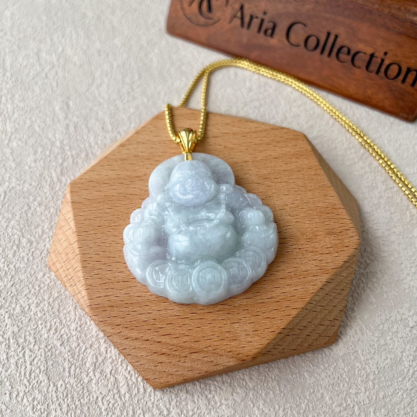 Happy Buddha with Lucky Coins with 18K Gold, Very Large Jadeite Jade Carved Pendant, NY-0723-1706417575