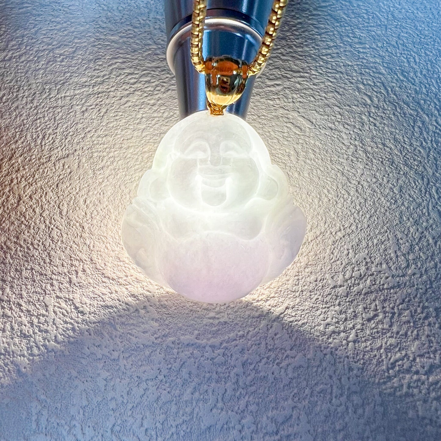 Purple Lavender Jadeite Jade Happy Buddha Carved Pendant with 18k Solid Gold Bail, YGR-0823-1706498689