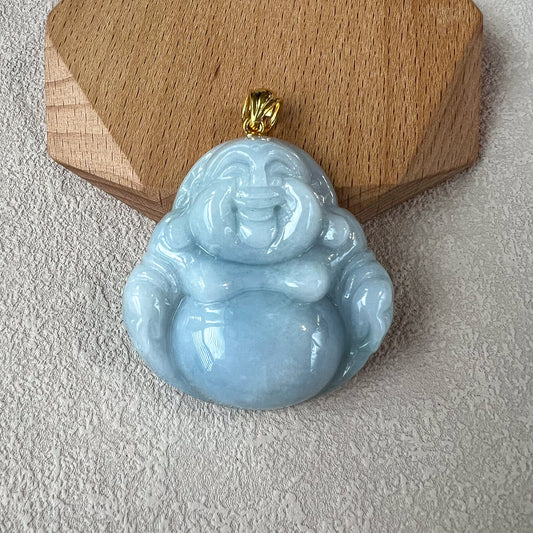 Purple Lavender Jadeite Jade Large Happy Buddha Carved Pendant with 18k Solid Gold Bail, YGR-0823-1706499519