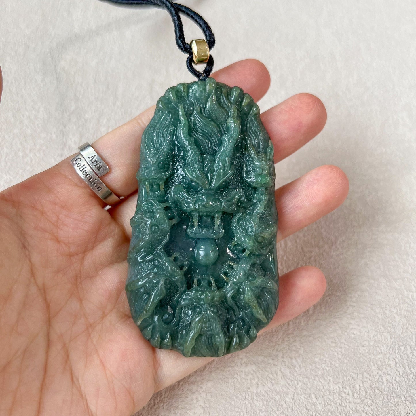 Nine Dragons of Harmony Pendant, Hand Carved Green Jadeite Jade Pendant, YJ-0322-0107205
