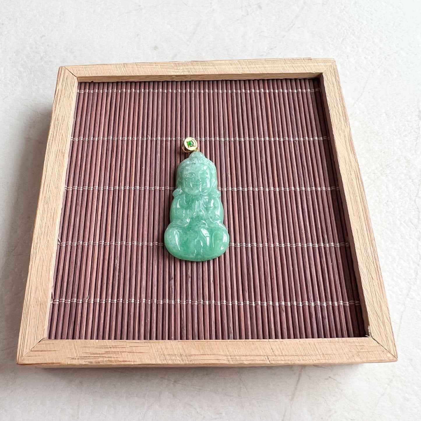 Green Baby Buddha with 18K Gold Bail, Jadeite Jade Carved Pendant, SHWQ-1123-1706502170