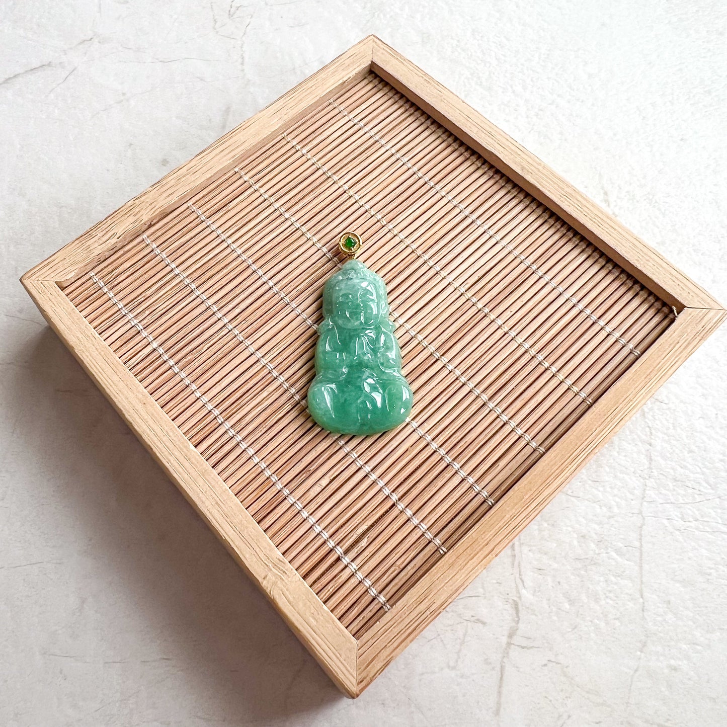 Green Baby Buddha with 18K Gold Bail, Jadeite Jade Carved Pendant, SHWQ-1123-1706502170