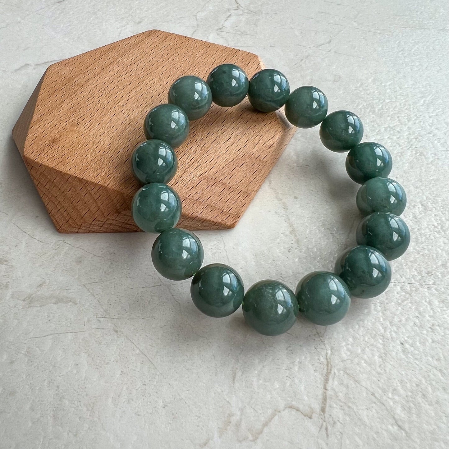 13.5 mm Green Natural Jadeite Jade Round Beaded Bracelet, FCLL-0822-1717378734
