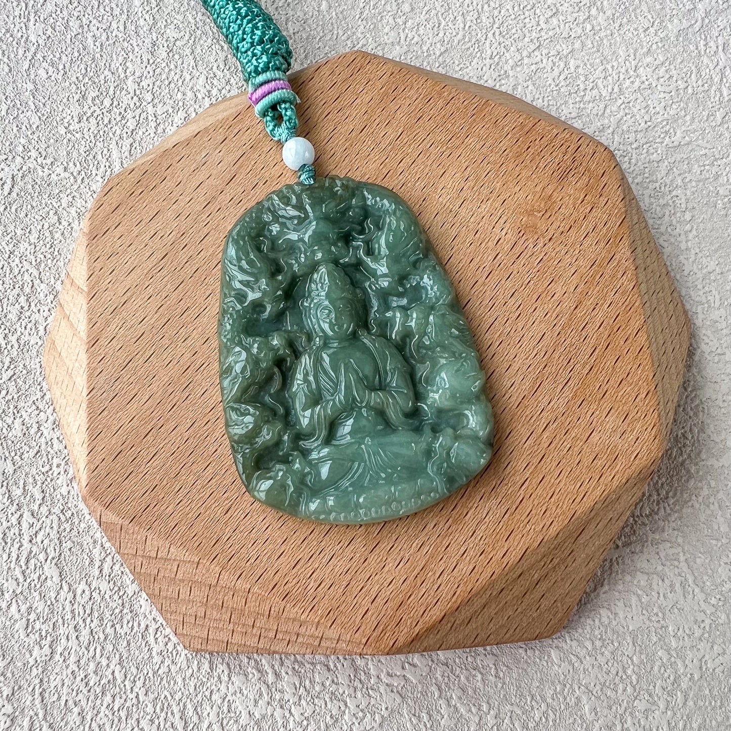 Green Jadeite Jade Guan Yin Kwan Yin Protected by Dragons Avalokitesvara Carved Pendant, BCG-0323-0038532