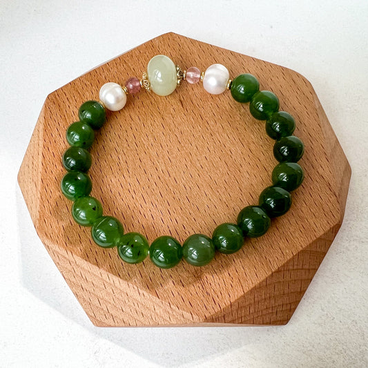 8 mm Green Nephrite Jade with Freshwater Pearls Round Beaded Bracelet, HST-0722-1705530276