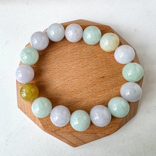 13.5 mm Jadeite Jade Light Lavender Purple and Green Yellow Bracelet, YGR-0223-1705612732