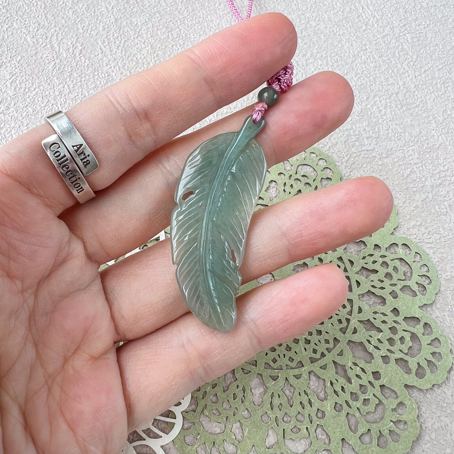 Hand Carved Jade Feather, Artisan Green Jadeite Jade Pendant, WMC-0923-1707681917