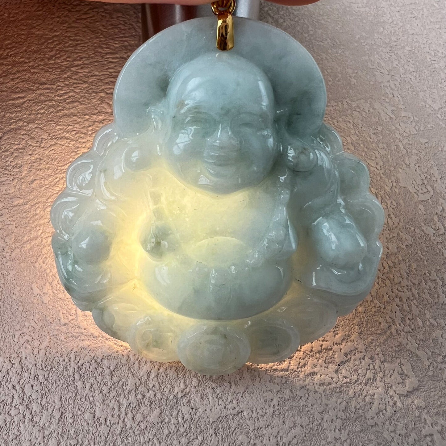 Happy Buddha with Lucky Coins with 18K Gold, Very Large Jadeite Jade Carved Pendant, NY-0723-1706417065