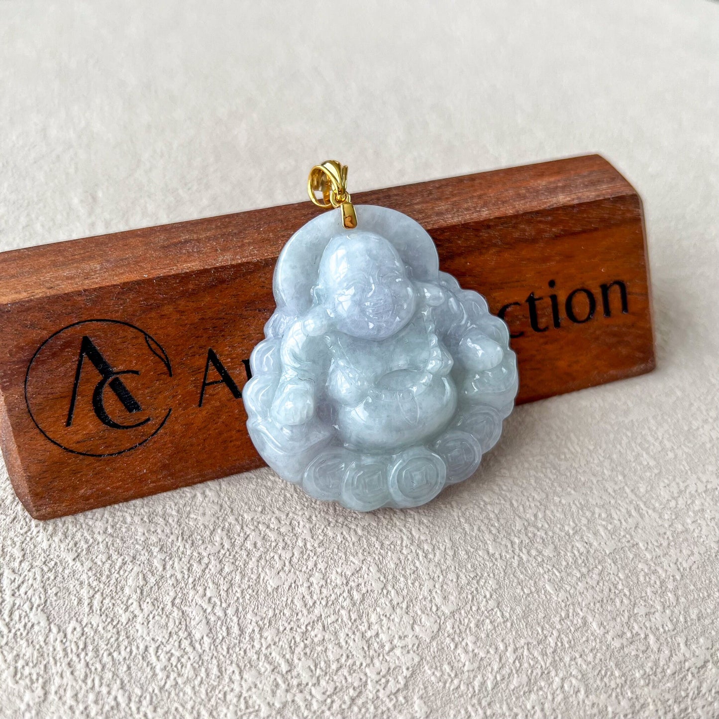 Happy Buddha with Lucky Coins with 18K Gold, Very Large Jadeite Jade Carved Pendant, NY-0723-1706417575