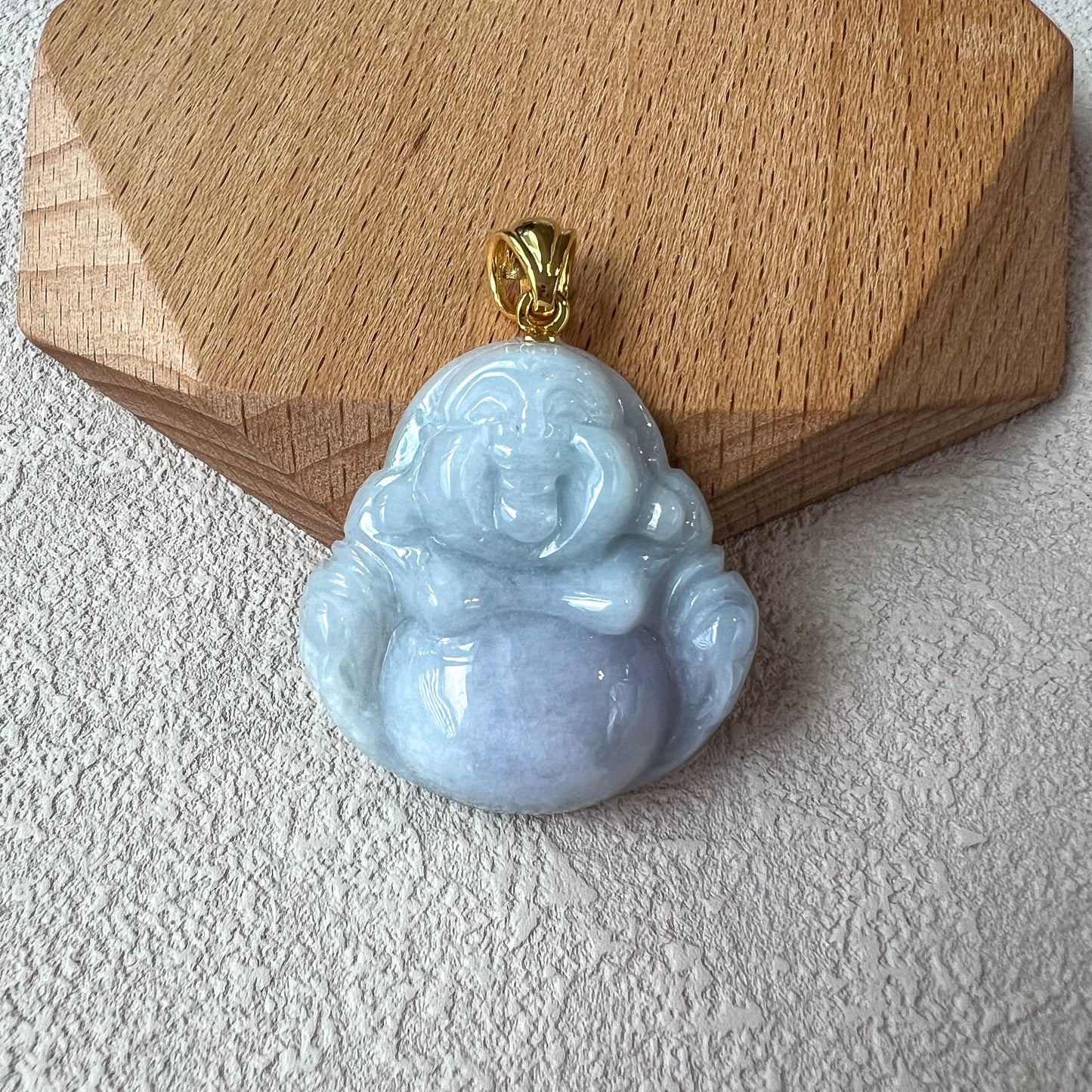 Purple Lavender Jadeite Jade Happy Buddha Carved Pendant with 18k Solid Gold Bail, YGR-0823-1706498689