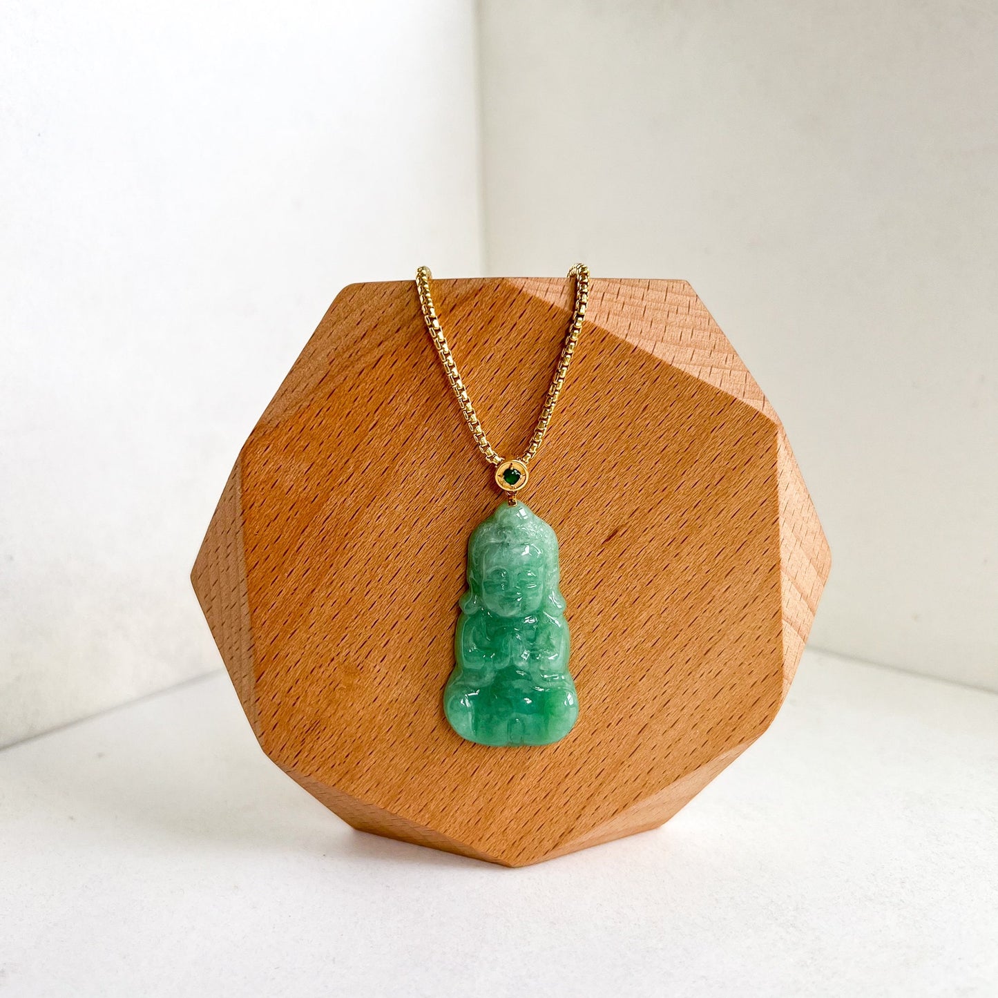 Green Baby Buddha with 18K Gold Bail, Jadeite Jade Carved Pendant, SHWQ-1123-1706502170