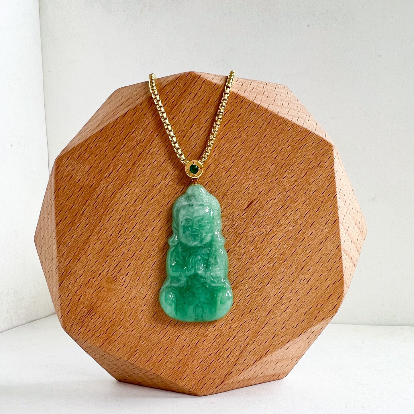 Green Baby Buddha with 18K Gold Bail, Jadeite Jade Carved Pendant, SHWQ-1123-1706502170