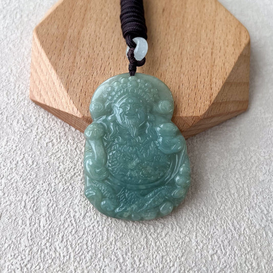 Green Jadeite Jade Fortune God, Caishen, God of Wealth, 财神, Carved Pendant Necklace, BGC-0323-0030167
