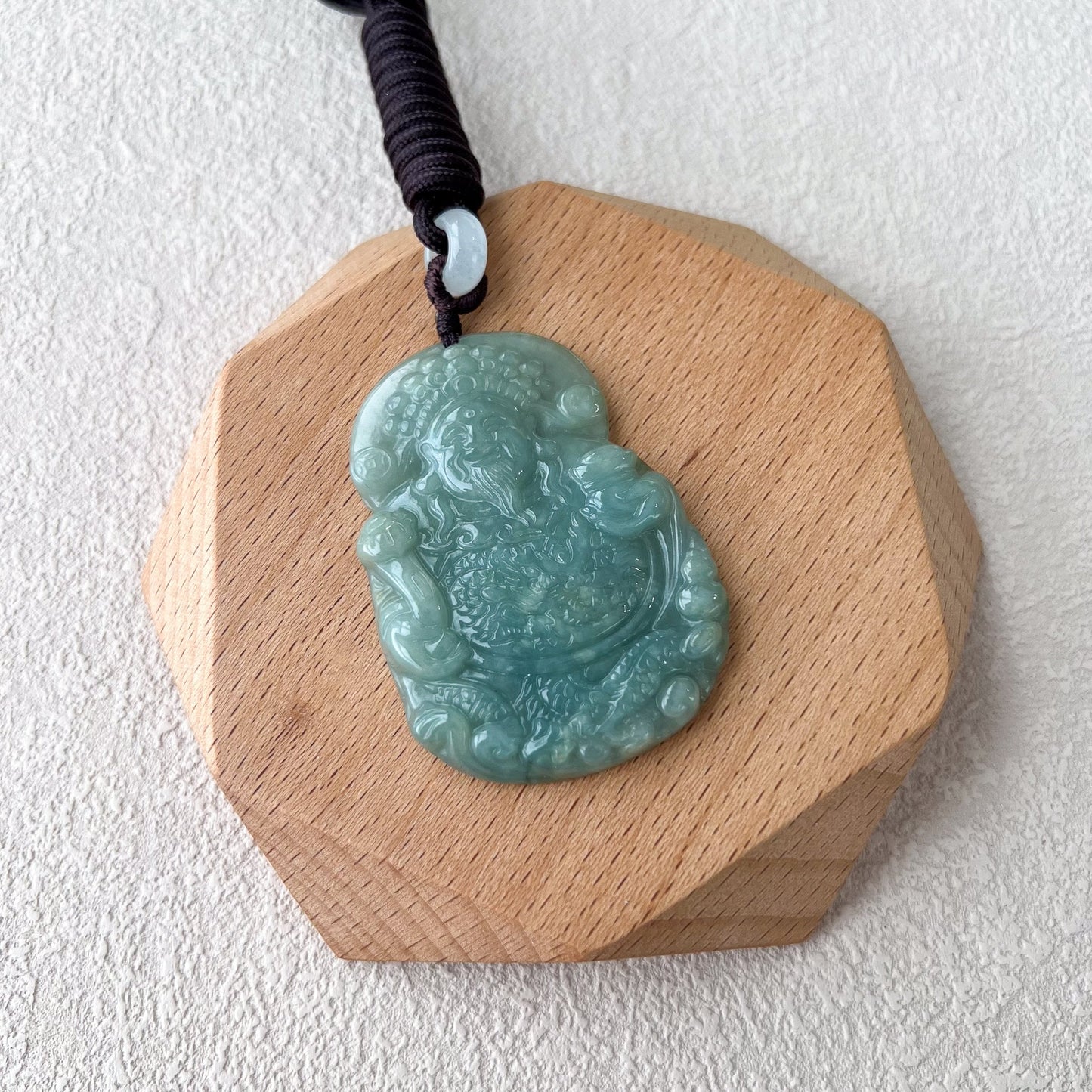 Green Jadeite Jade Fortune God, Caishen, God of Wealth, 财神, Carved Pendant Necklace, BGC-0323-0030167