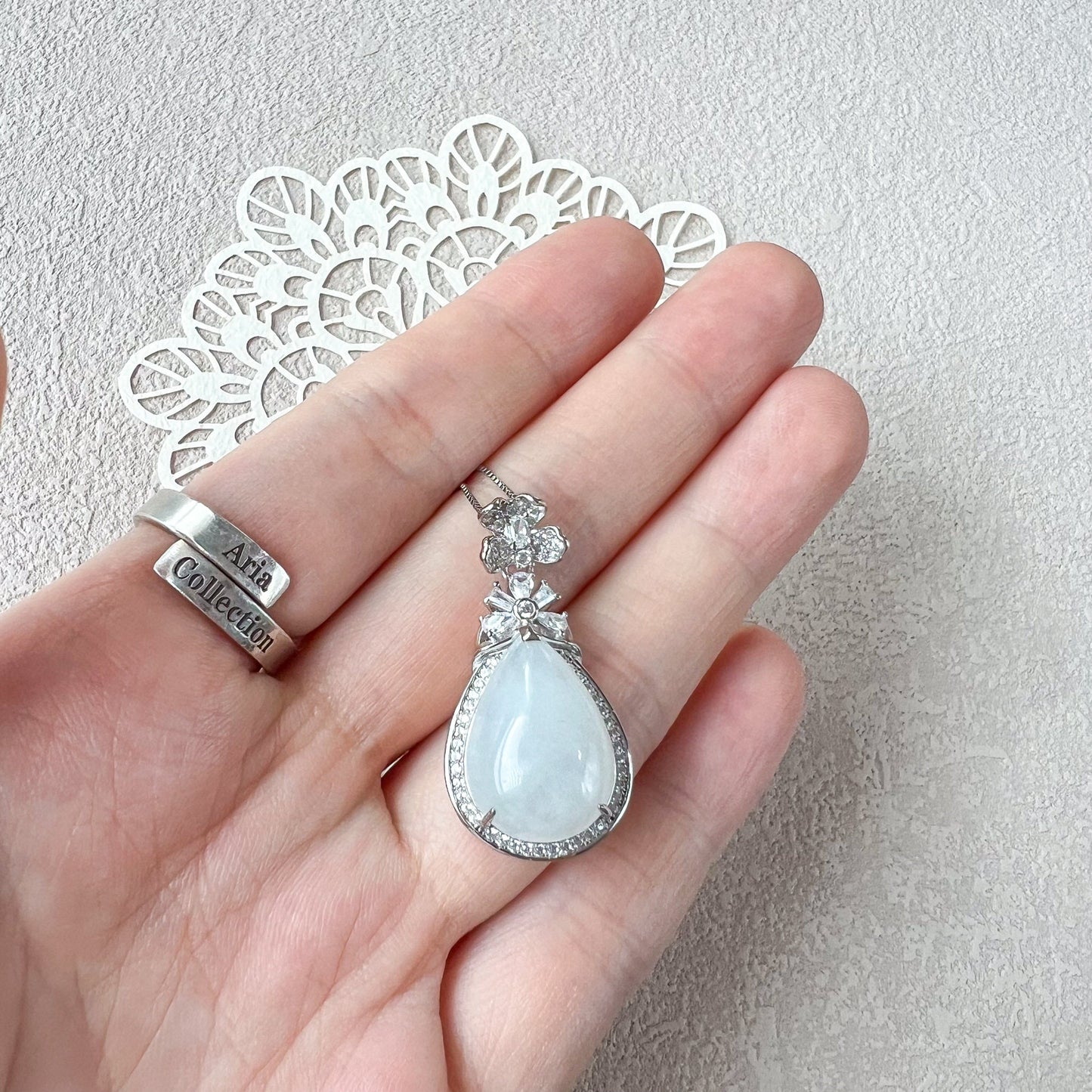 Lunar Frost Droplet Pendant, White Ice Jadeite Jade Sterling Silver Pendant Necklace, YS-0722-1708212552